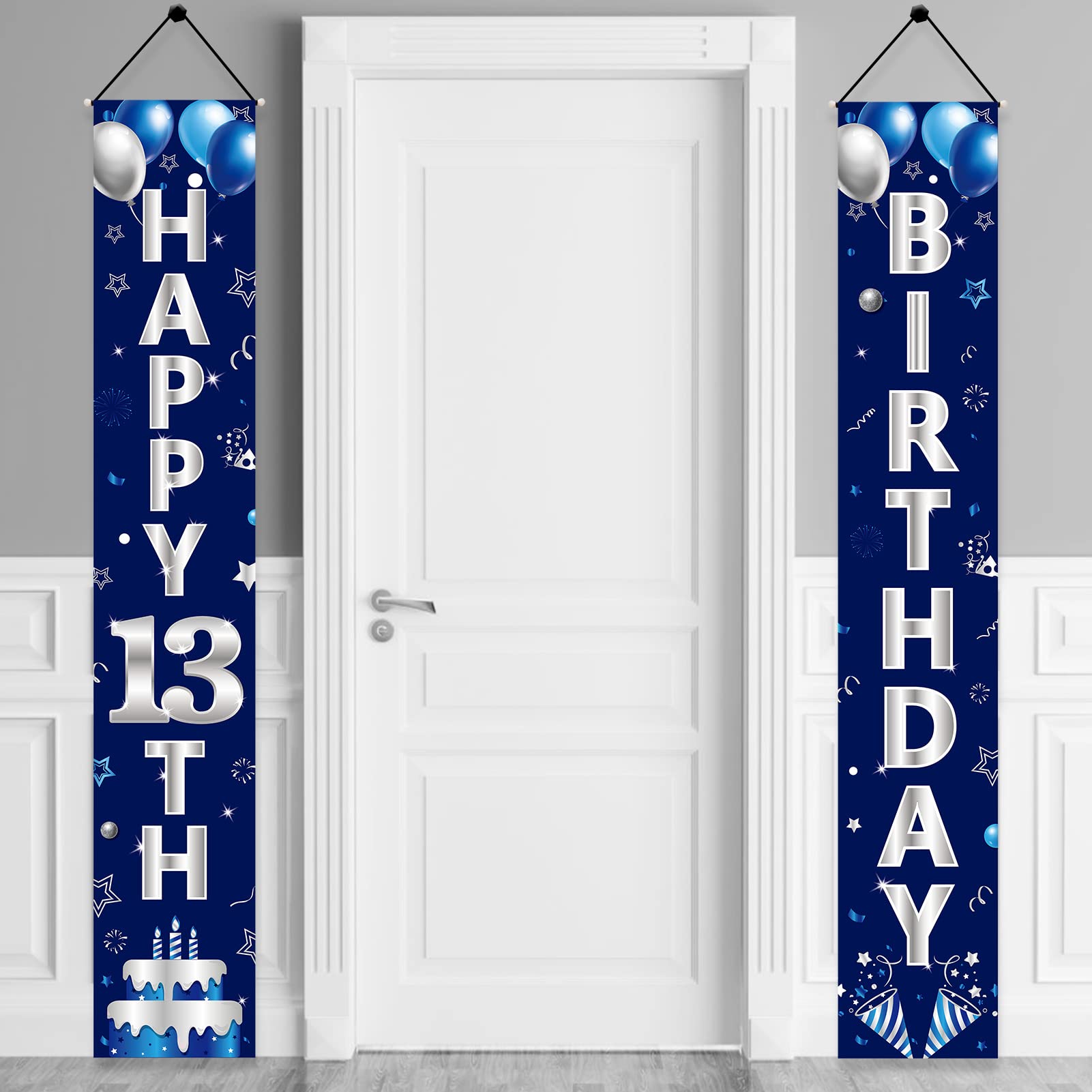 Turypaty Blue Silver 13th Birthday Door Banner - Happy 13th Birthday Decorations for Boys