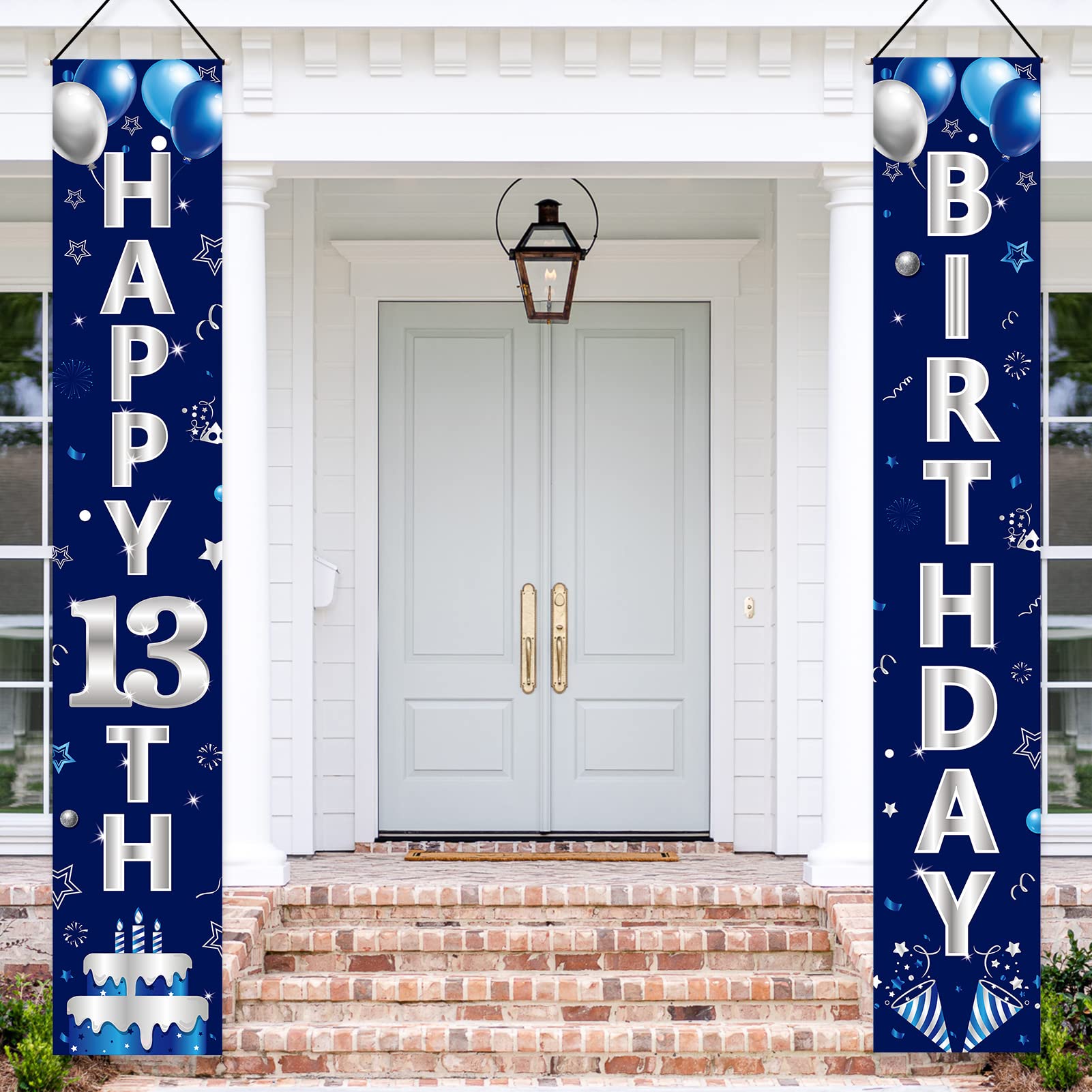 Turypaty Blue Silver 13th Birthday Door Banner - Happy 13th Birthday Decorations for Boys