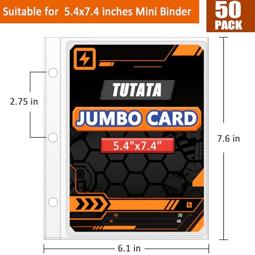tutata Jumbo Card Sleeves 50 Pack – 3-Hole Binder Refill Pages for Oversized Cards (5.5x7.6 Inch Pockets)