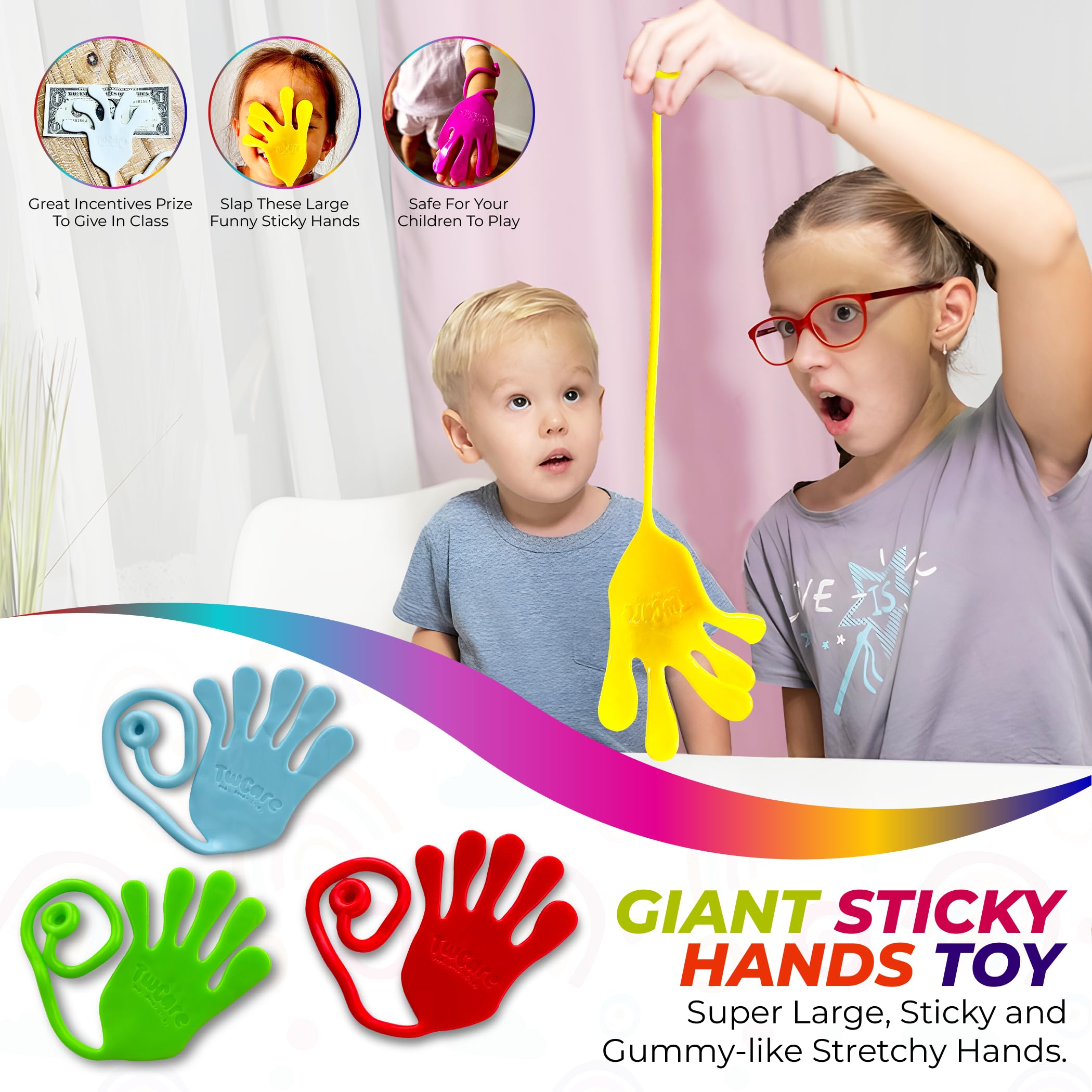 TwCare Jumbo Giant Sticky Hands 4-Pack – 12-Inch Stretchy Silicone Stress Relief Toys for Kids and Adults, Party Favors, Classroom Prizes