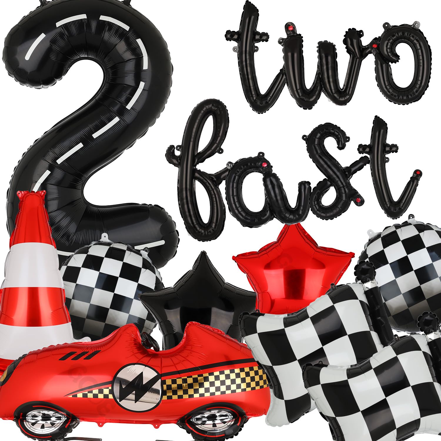 Two Fast 2nd Birthday Race Car Balloon Set - 40-Inch Number 2, Checkered Flags, Traffic Cone & More