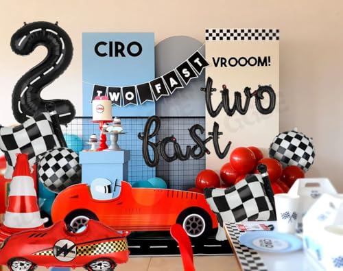 Two Fast 2nd Birthday Race Car Balloon Set - 40-Inch Number 2, Checkered Flags, Traffic Cone & More