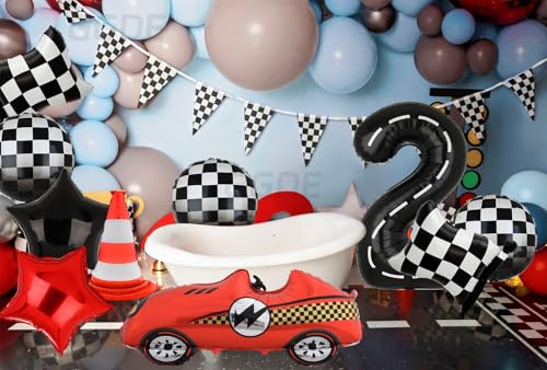 Two Fast 2nd Birthday Race Car Balloon Set - 40-Inch Number 2, Checkered Flags, Traffic Cone & More