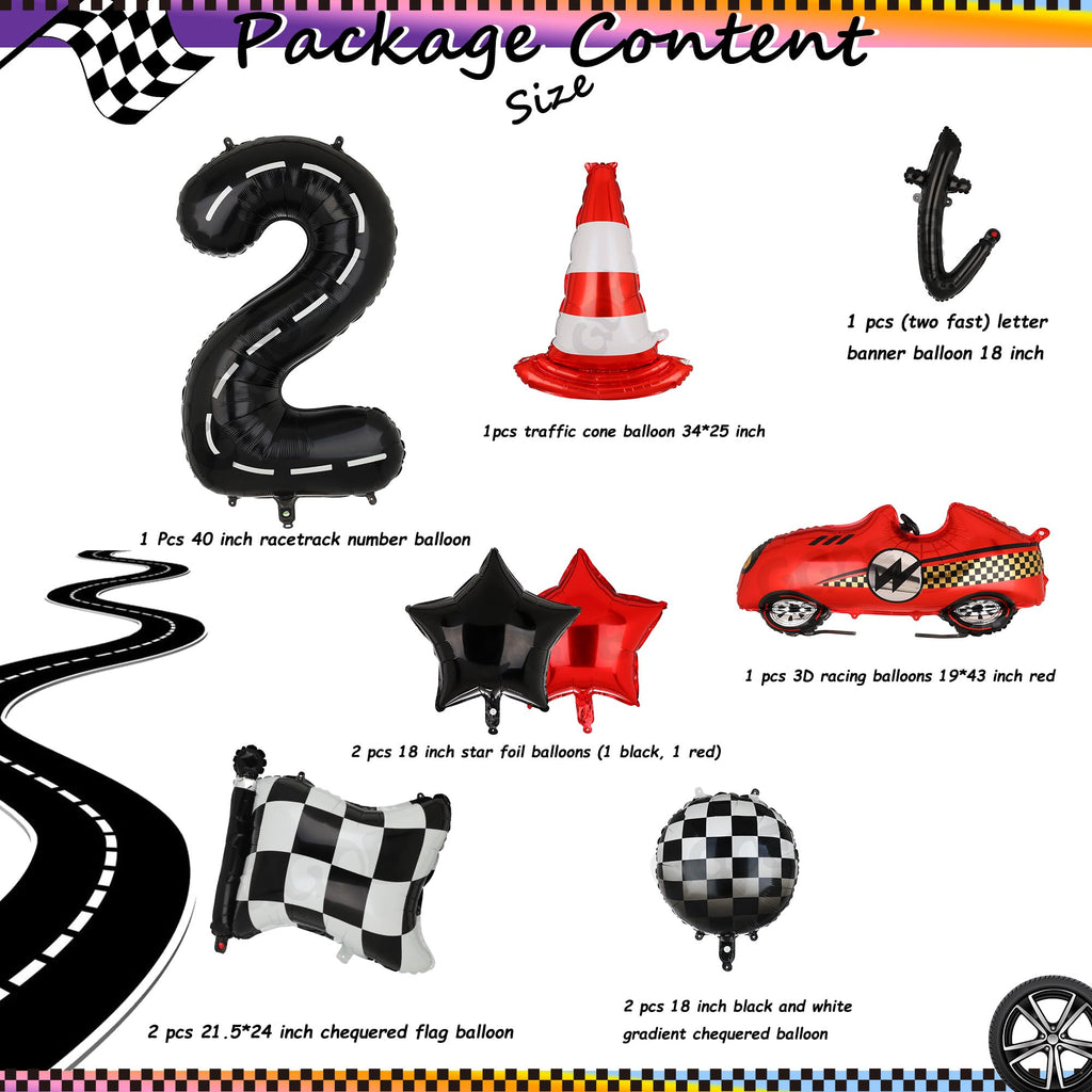 Two Fast 2nd Birthday Race Car Balloon Set - 40-Inch Number 2, Checkered Flags, Traffic Cone & More
