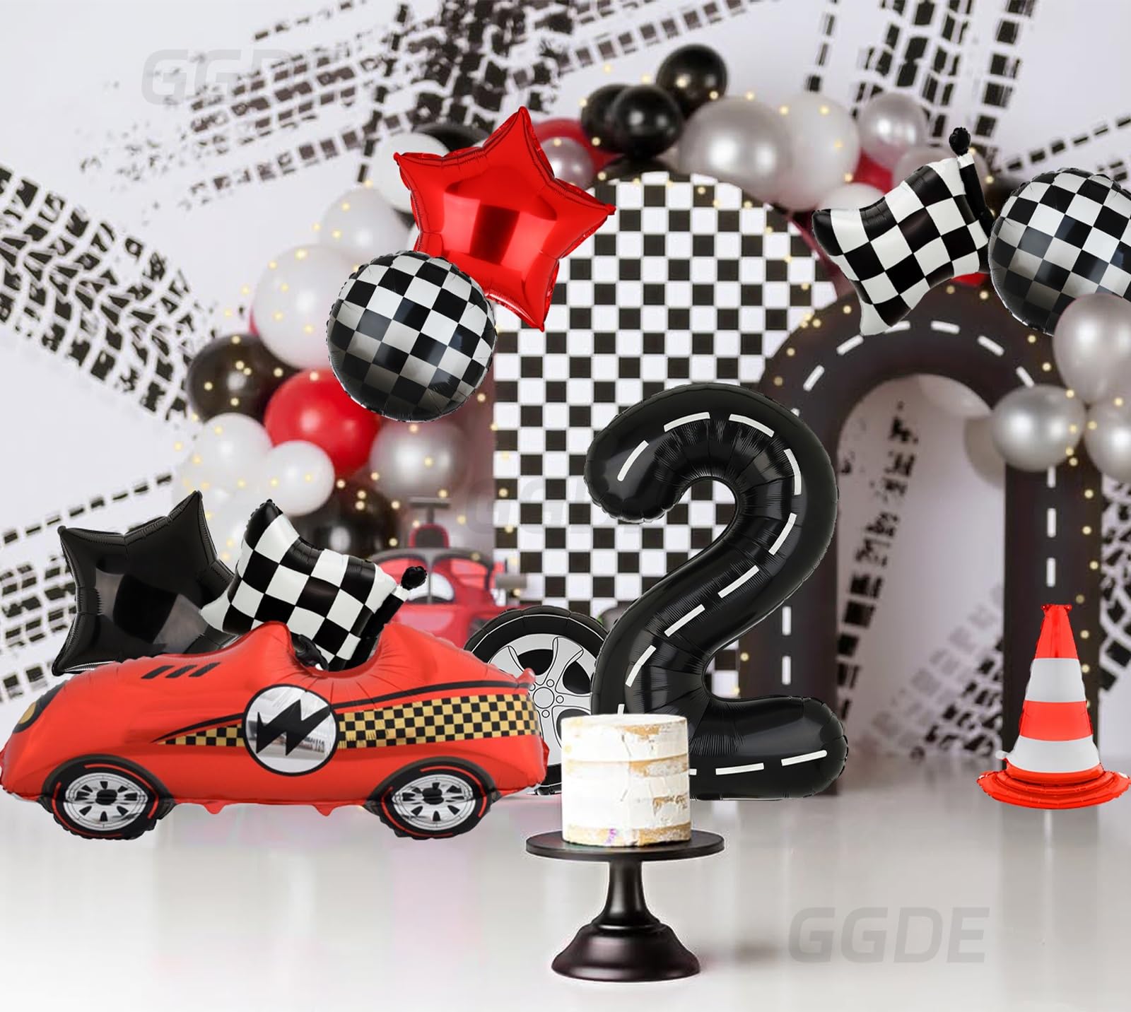 Two Fast 2nd Birthday Race Car Balloon Set - 40-Inch Number 2, Checkered Flags, Traffic Cone & More