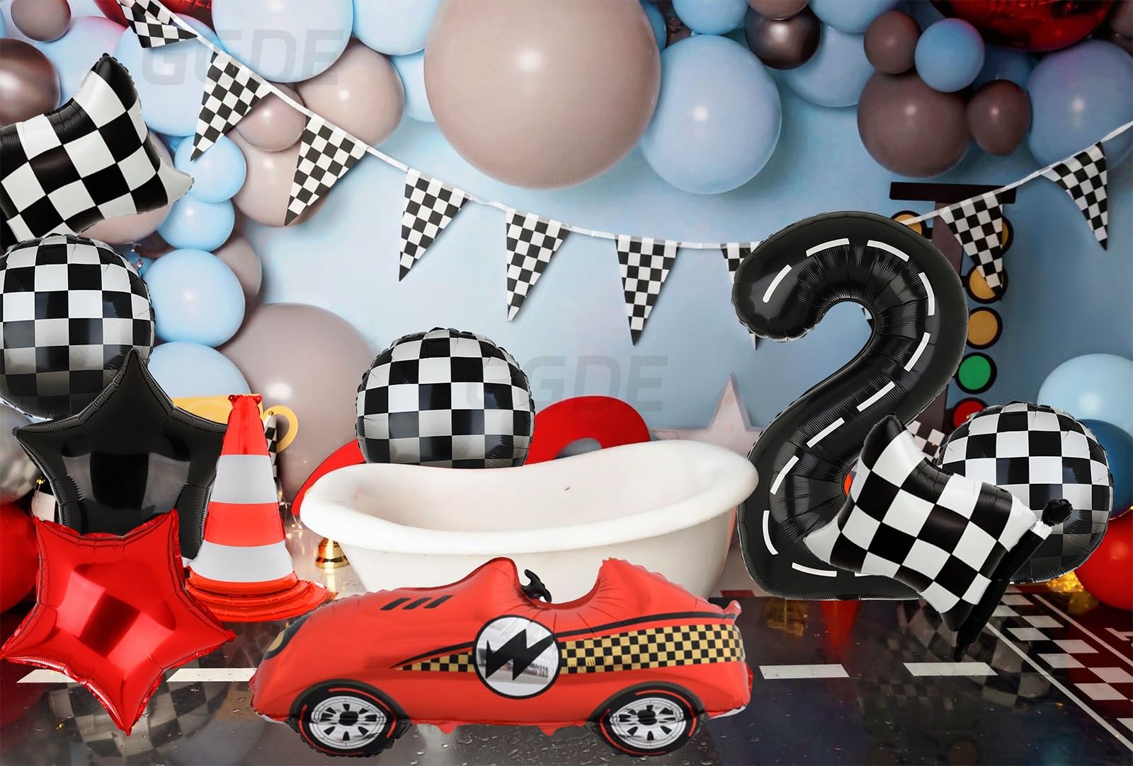 Two Fast 2nd Birthday Race Car Balloon Set - 40-Inch Number 2, Checkered Flags, Traffic Cone & More