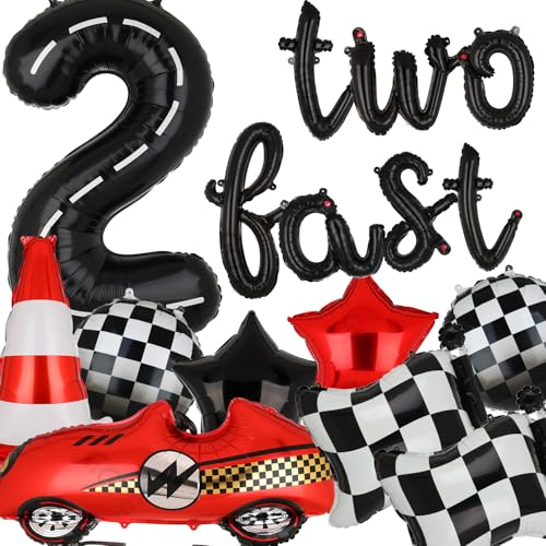 Two Fast 2nd Birthday Race Car Balloon Set - 40-Inch Number 2, Checkered Flags, Traffic Cone & More