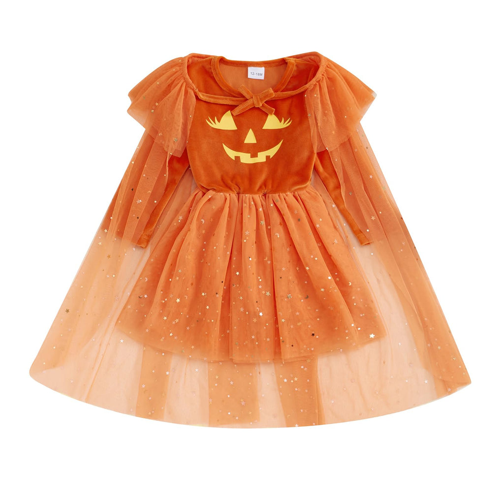 Twopumpkin Toddler Girl Halloween Costume – Witch Sparkle Cape & Pumpkin Dress (Orange, 18-24 Months)