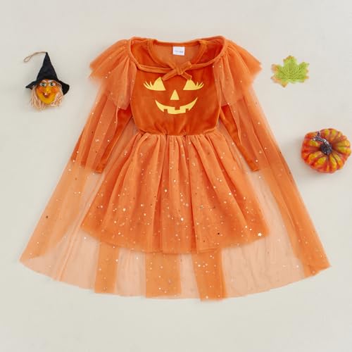 Twopumpkin Toddler Girl Halloween Costume – Witch Sparkle Cape & Pumpkin Dress (Orange, 18-24 Months)