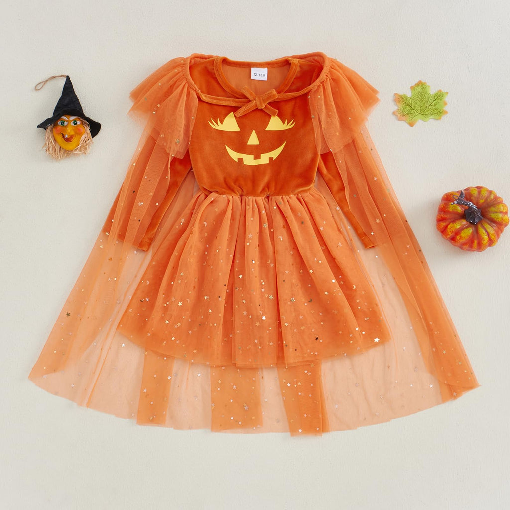 Twopumpkin Toddler Girl Halloween Costume – Witch Sparkle Cape & Pumpkin Dress (Orange, 18-24 Months)