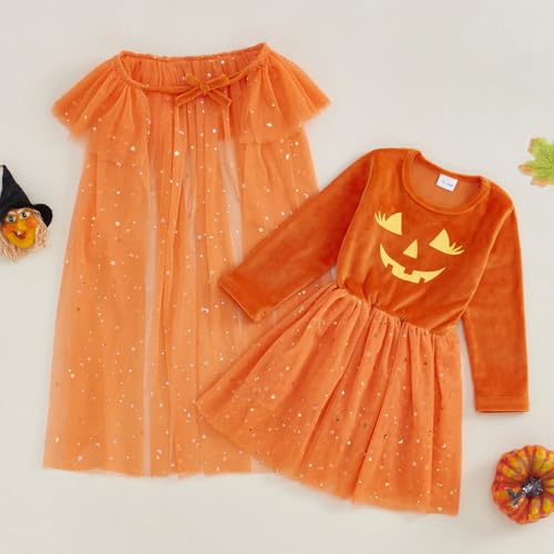 Twopumpkin Toddler Girl Halloween Costume – Witch Sparkle Cape & Pumpkin Dress (Orange, 18-24 Months)