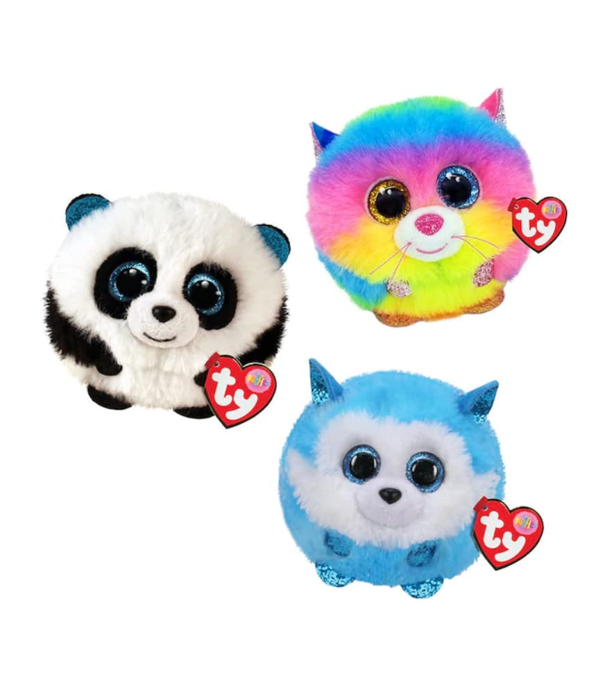 TY Teeny Puffies Panda Bamboo Plush Ball - 10 cm, Blue Glittery Eyes, Black & White