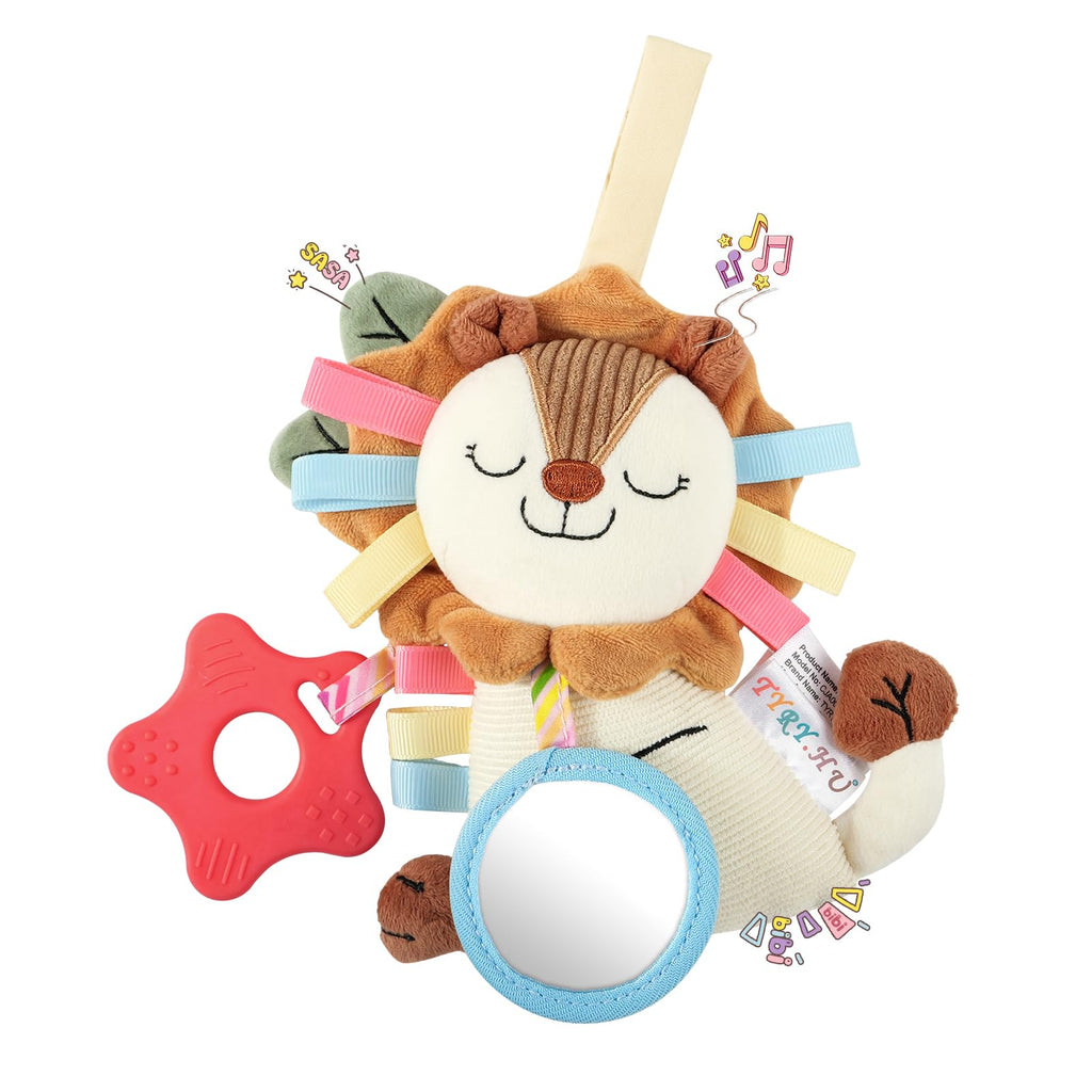 TYRY.HU Baby Car Seat Toy: Soft Plush Sensory Rattle with Teether, Mirror & Crinkle Sounds for Infants 0-12 Months