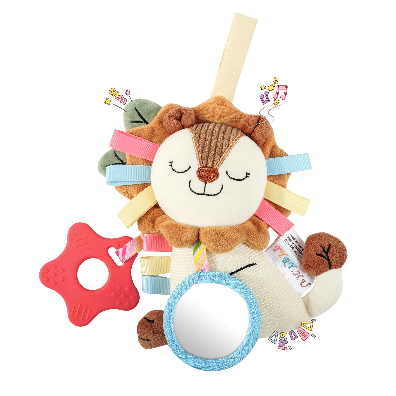 TYRY.HU Baby Car Seat Toy: Soft Plush Sensory Rattle with Teether, Mirror & Crinkle Sounds for Infants 0-12 Months