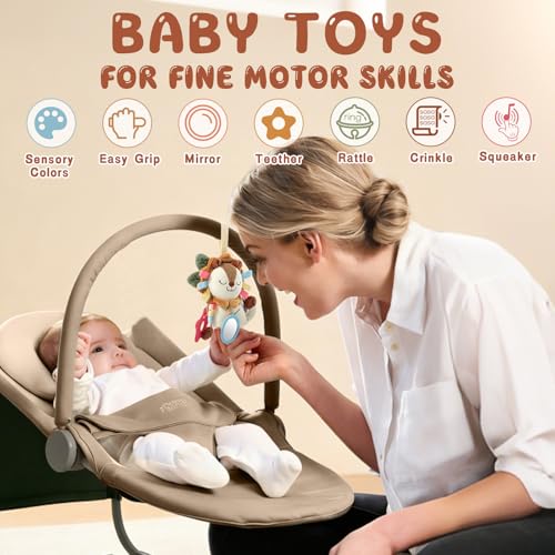 TYRY.HU Baby Car Seat Toy: Soft Plush Sensory Rattle with Teether, Mirror & Crinkle Sounds for Infants 0-12 Months