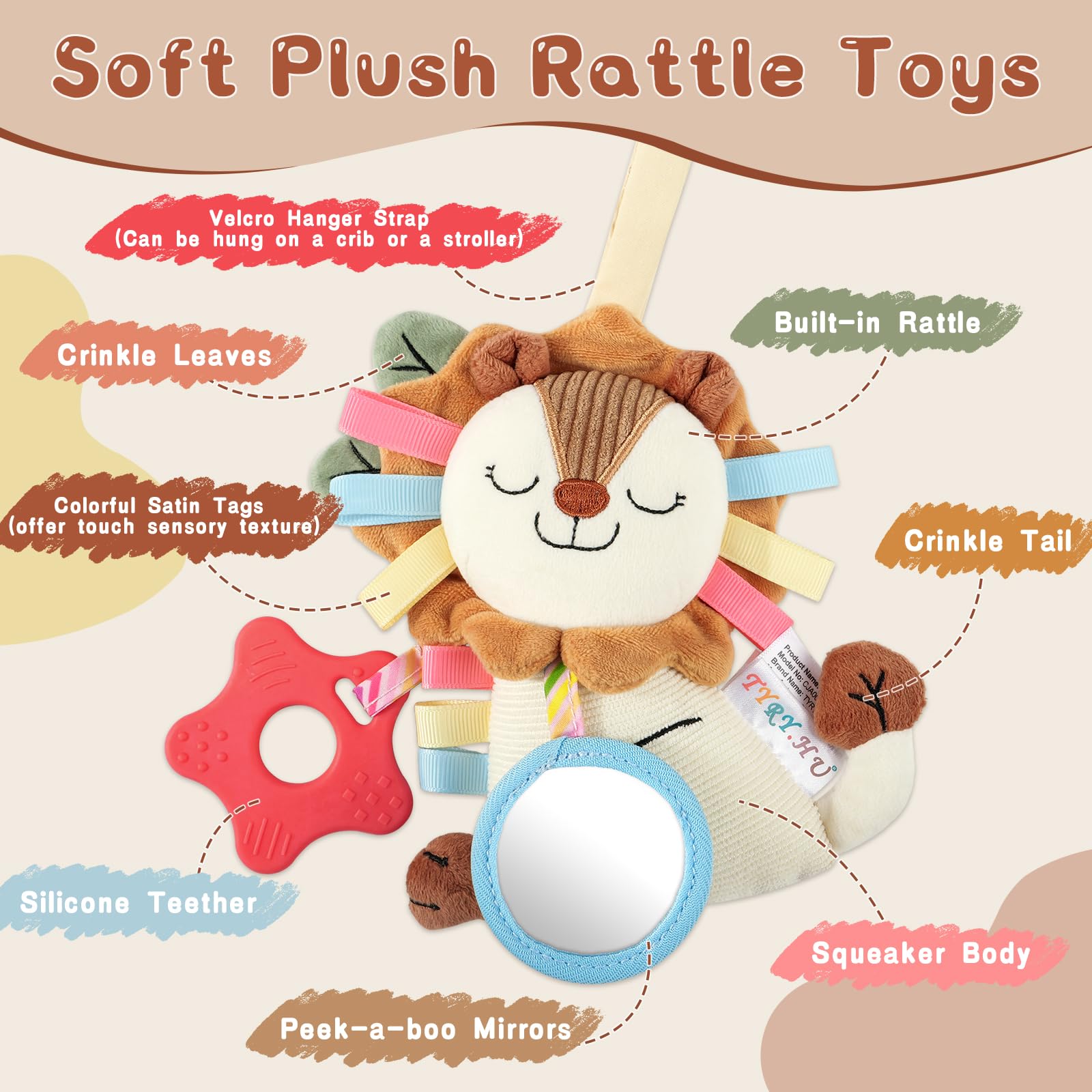 TYRY.HU Baby Car Seat Toy: Soft Plush Sensory Rattle with Teether, Mirror & Crinkle Sounds for Infants 0-12 Months