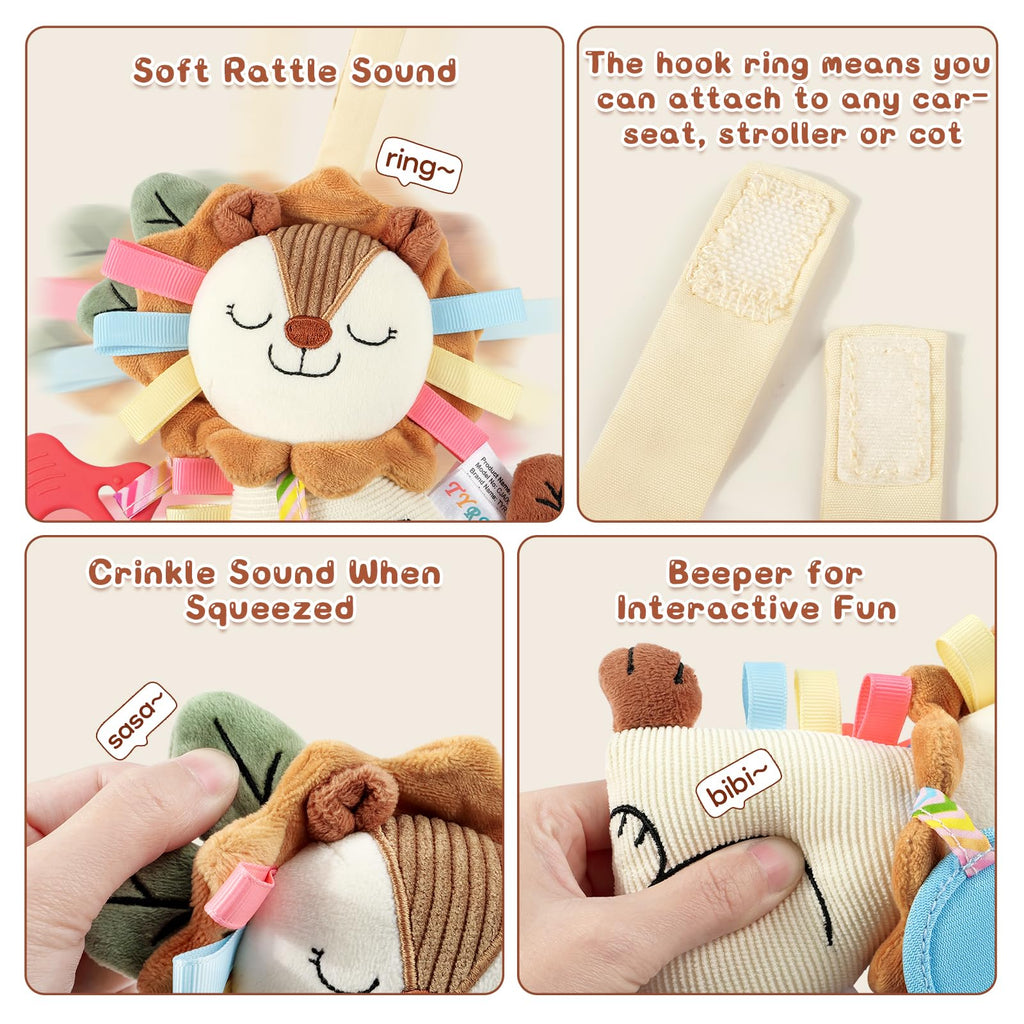 TYRY.HU Baby Car Seat Toy: Soft Plush Sensory Rattle with Teether, Mirror & Crinkle Sounds for Infants 0-12 Months
