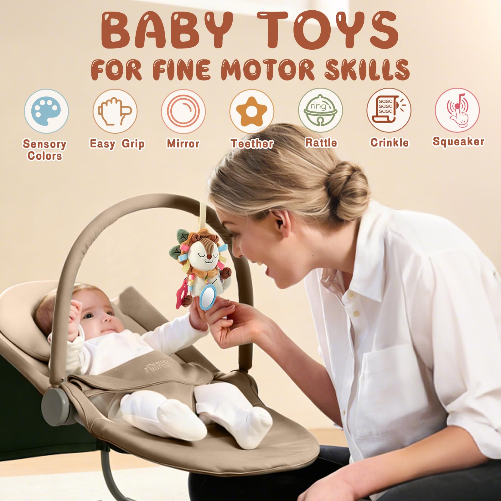 TYRY.HU Baby Car Seat Toy: Soft Plush Sensory Rattle with Teether, Mirror & Crinkle Sounds for Infants 0-12 Months