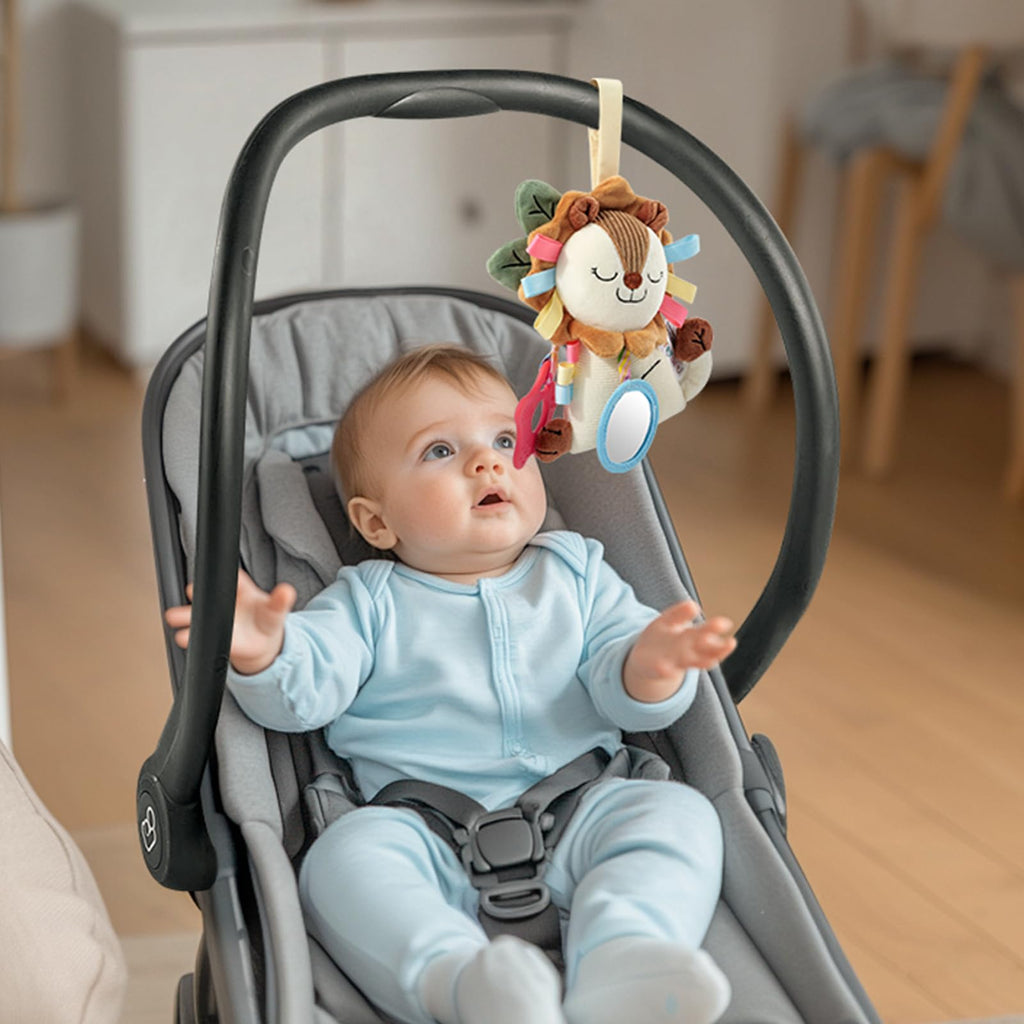 TYRY.HU Baby Car Seat Toy: Soft Plush Sensory Rattle with Teether, Mirror & Crinkle Sounds for Infants 0-12 Months