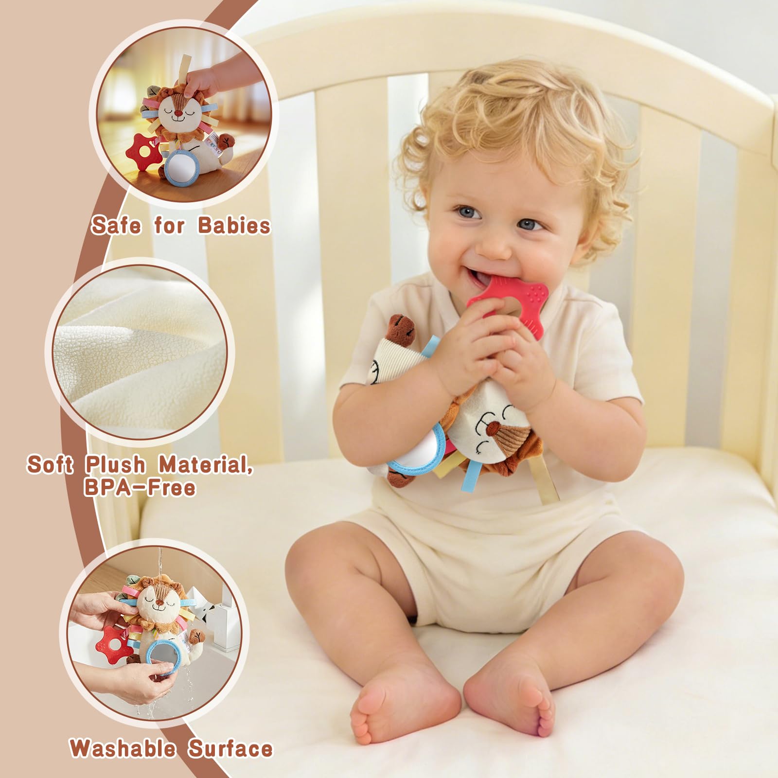 TYRY.HU Baby Car Seat Toy: Soft Plush Sensory Rattle with Teether, Mirror & Crinkle Sounds for Infants 0-12 Months