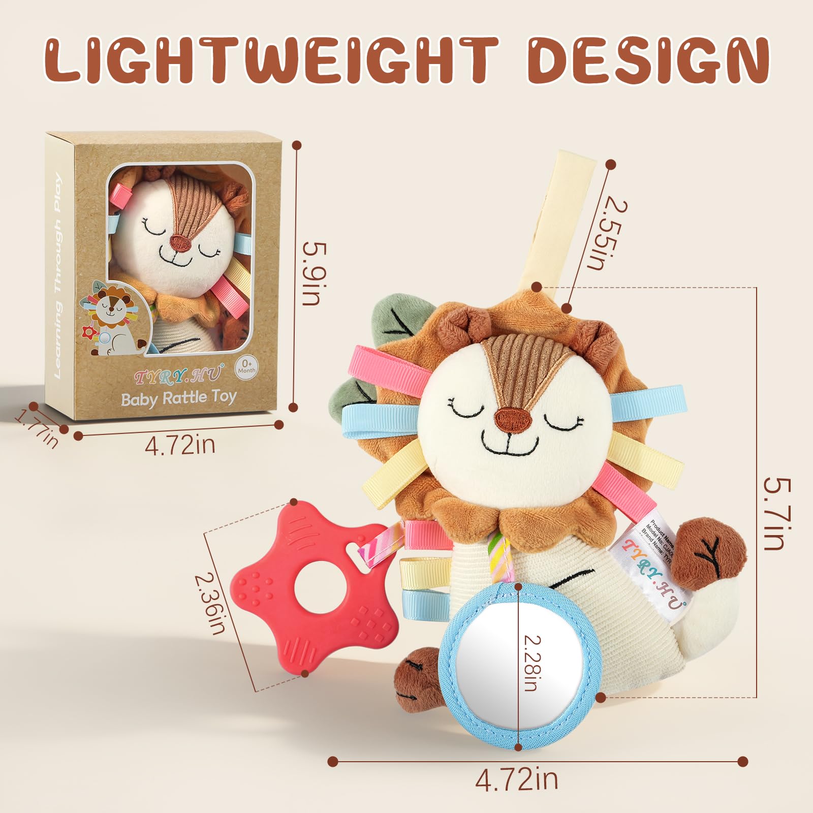 TYRY.HU Baby Car Seat Toy: Soft Plush Sensory Rattle with Teether, Mirror & Crinkle Sounds for Infants 0-12 Months