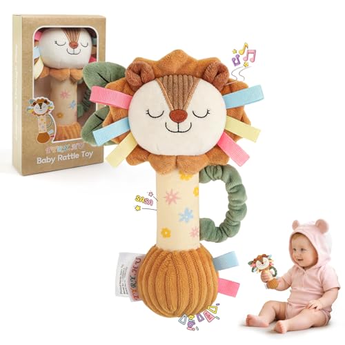 TYRY.HU Plush Lion Rattle – Soft Sensory Toy with Crinkle, Squeaker & Bell for Babies 0-12 Months