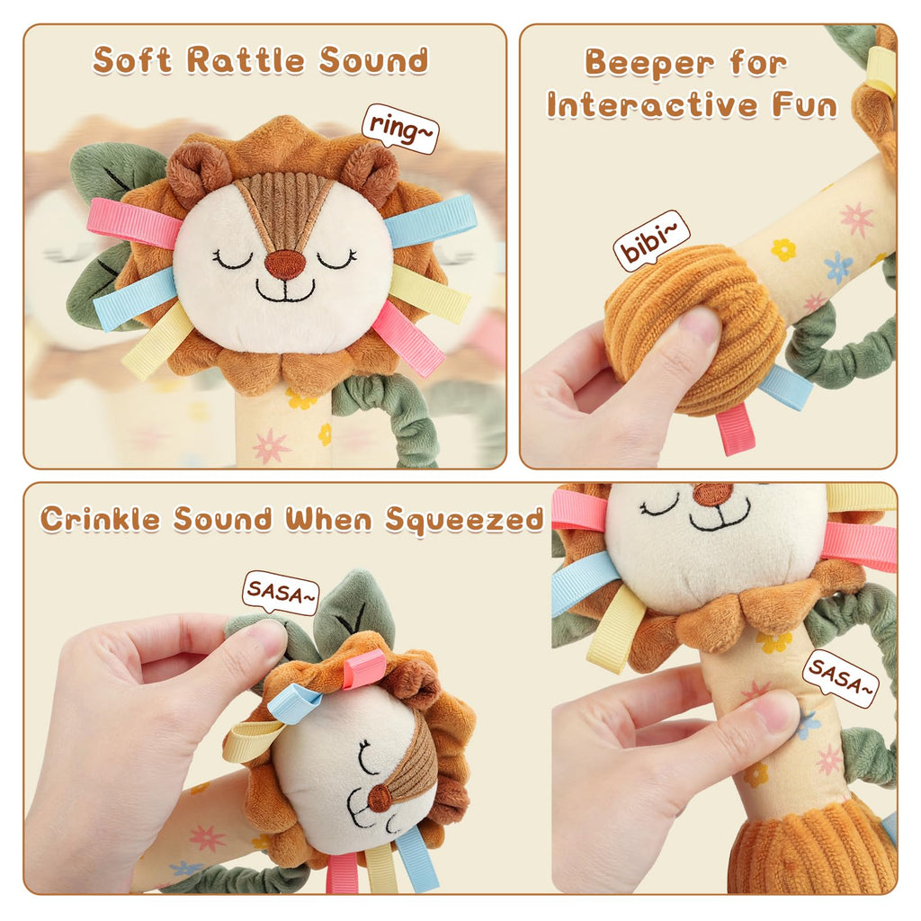 TYRY.HU Plush Lion Rattle – Soft Sensory Toy with Crinkle, Squeaker & Bell for Babies 0-12 Months