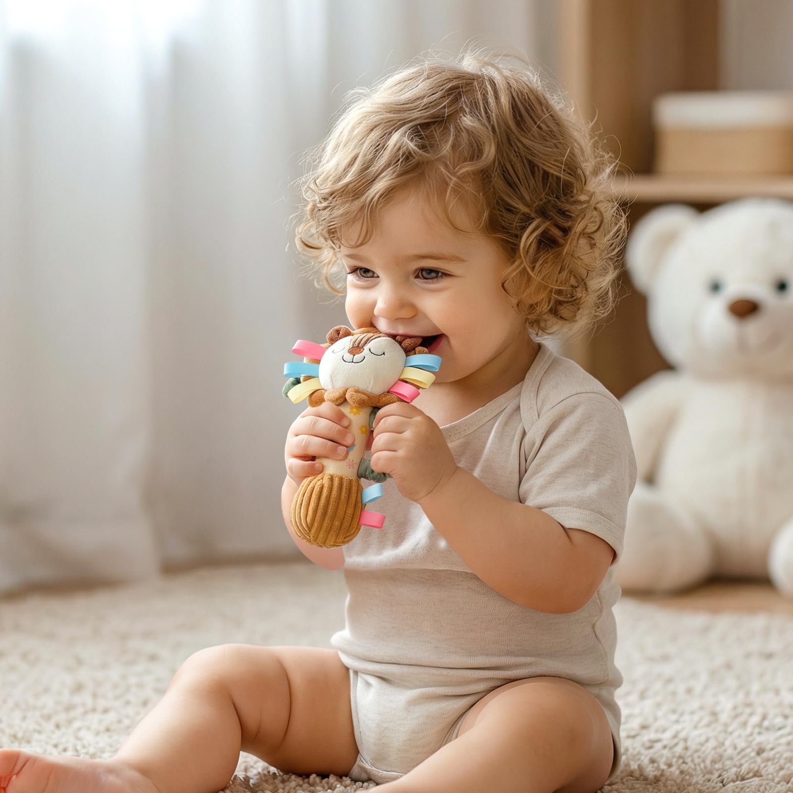 TYRY.HU Plush Lion Rattle – Soft Sensory Toy with Crinkle, Squeaker & Bell for Babies 0-12 Months