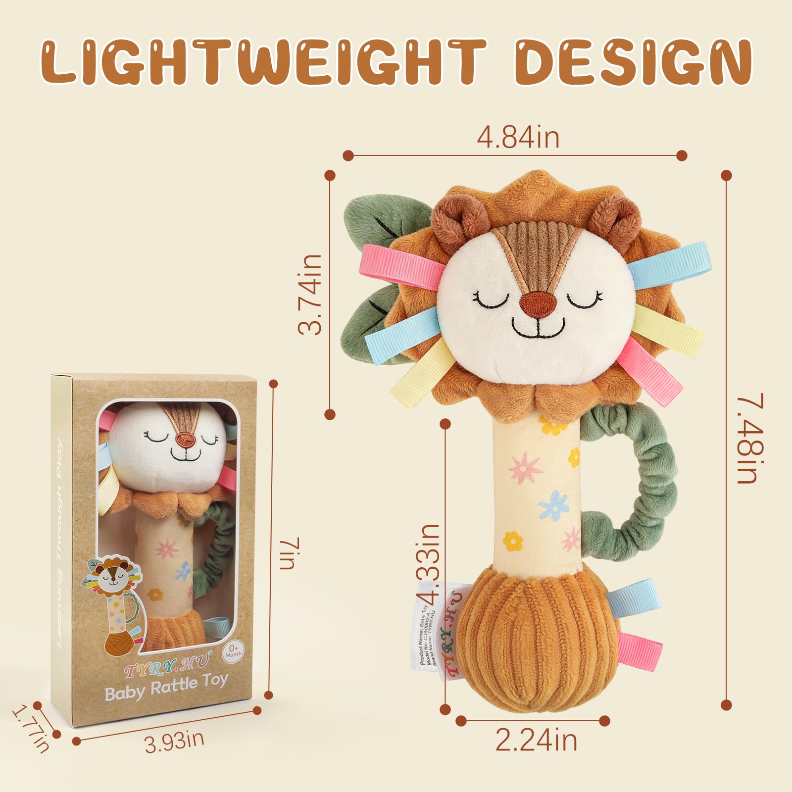 TYRY.HU Plush Lion Rattle – Soft Sensory Toy with Crinkle, Squeaker & Bell for Babies 0-12 Months