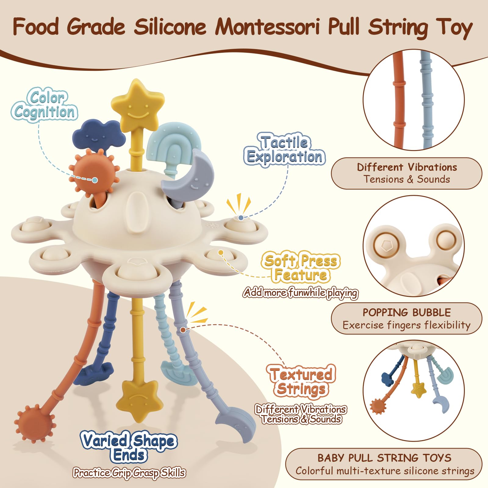 TYRY.HU Silicone Pull String Fidget Toy for Babies 18m+ – Sensory Montessori Travel Toy