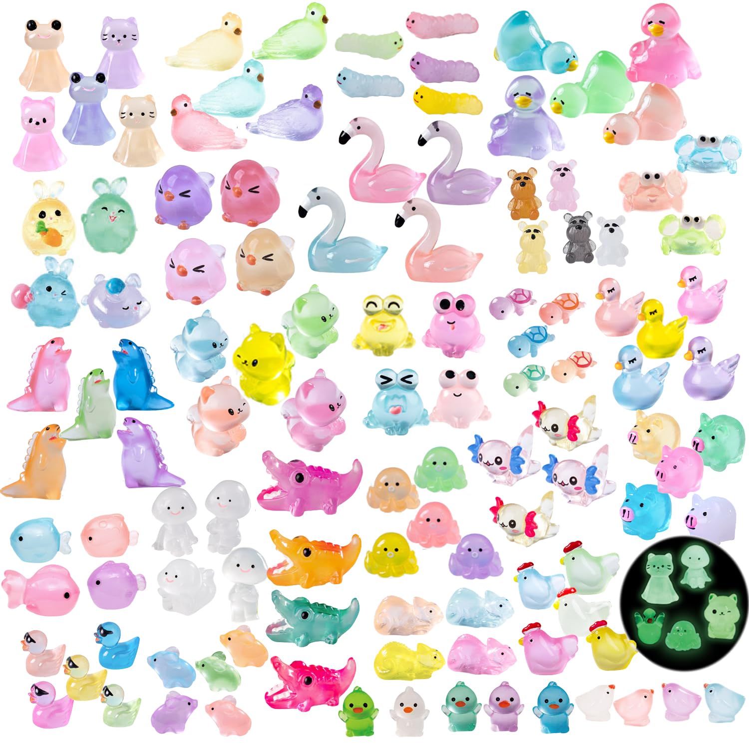 U-Zimikee 130-Piece Glow-in-the-Dark Mini Resin Animals – 25 Styles, Tiny Figurines for Fairy Garden & Dollhouse Crafts