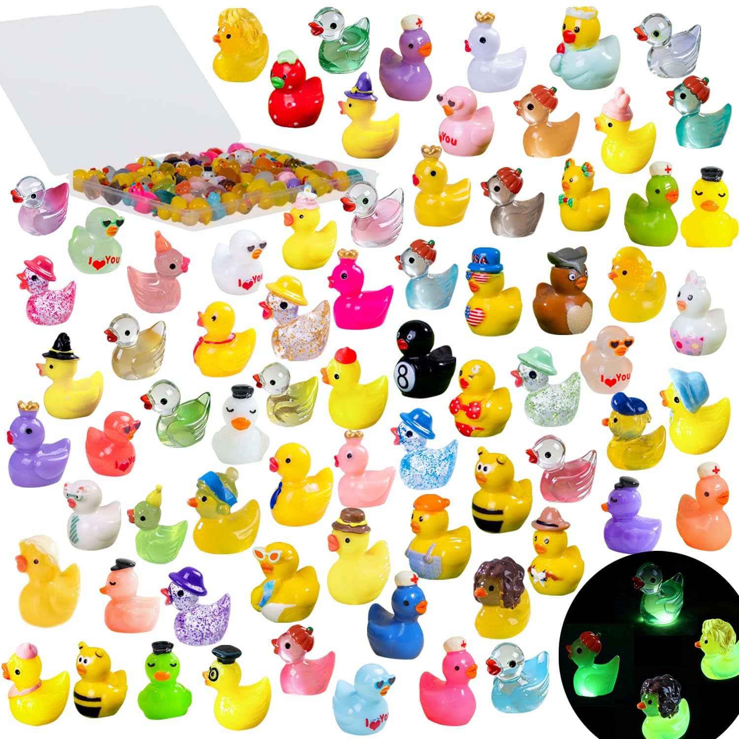 U-Zimikee 80 Mini Resin Ducks with Storage Box - Multicolor Tiny Duck Figurines for Fairy Gardens, Dollhouses & Hide and Seek