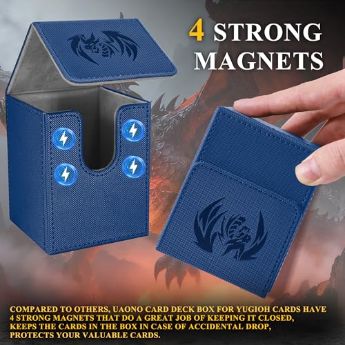 UAONO Card Deck Box for Yugioh MTG - PU Leather 100+ Card Storage Case with Strong Magnets (Navy, Sky Dragon)