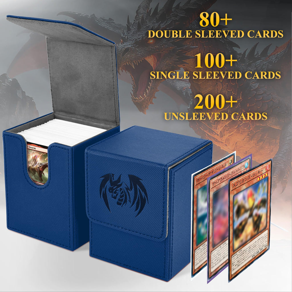 UAONO Card Deck Box for Yugioh MTG - PU Leather 100+ Card Storage Case with Strong Magnets (Navy, Sky Dragon)