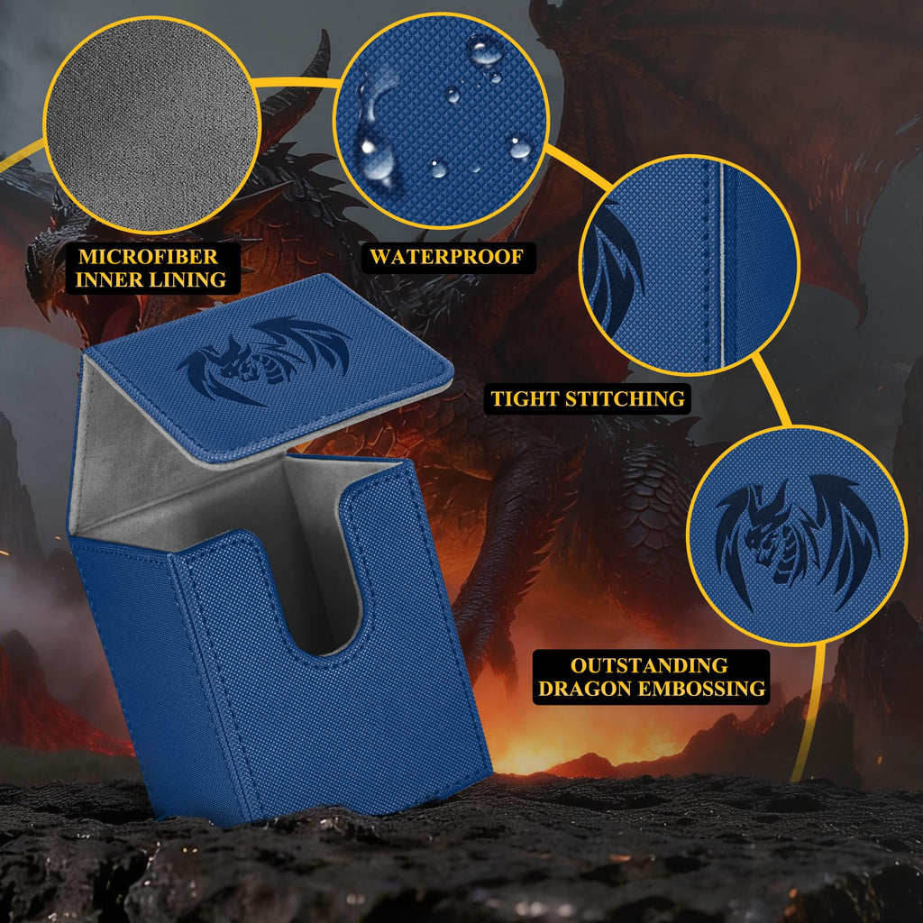 UAONO Card Deck Box for Yugioh MTG - PU Leather 100+ Card Storage Case with Strong Magnets (Navy, Sky Dragon)