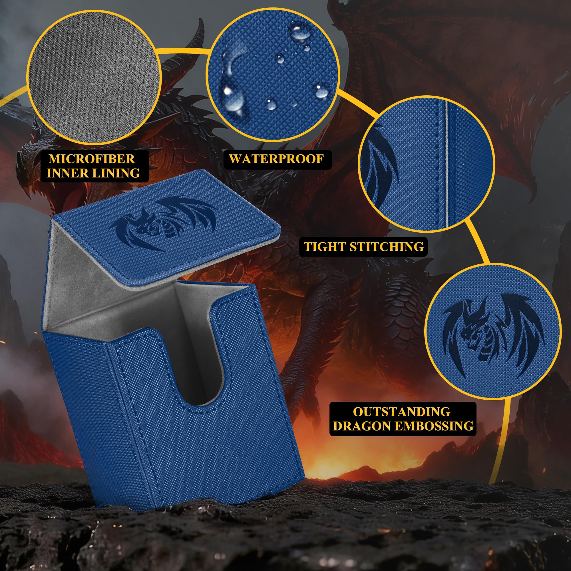 UAONO Card Deck Box for Yugioh MTG - PU Leather 100+ Card Storage Case with Strong Magnets (Navy, Sky Dragon)