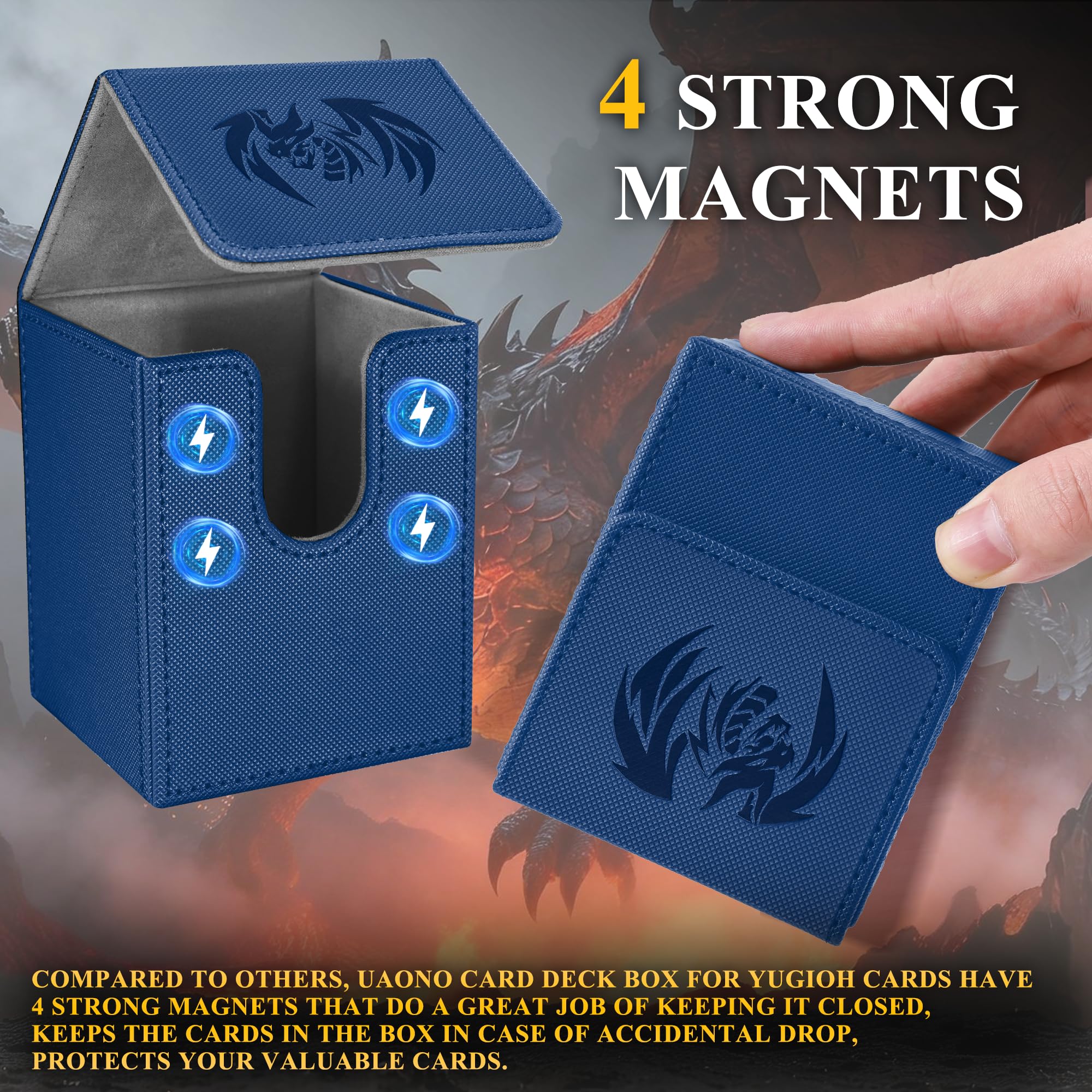 UAONO Card Deck Box for Yugioh MTG - PU Leather 100+ Card Storage Case with Strong Magnets (Navy, Sky Dragon)
