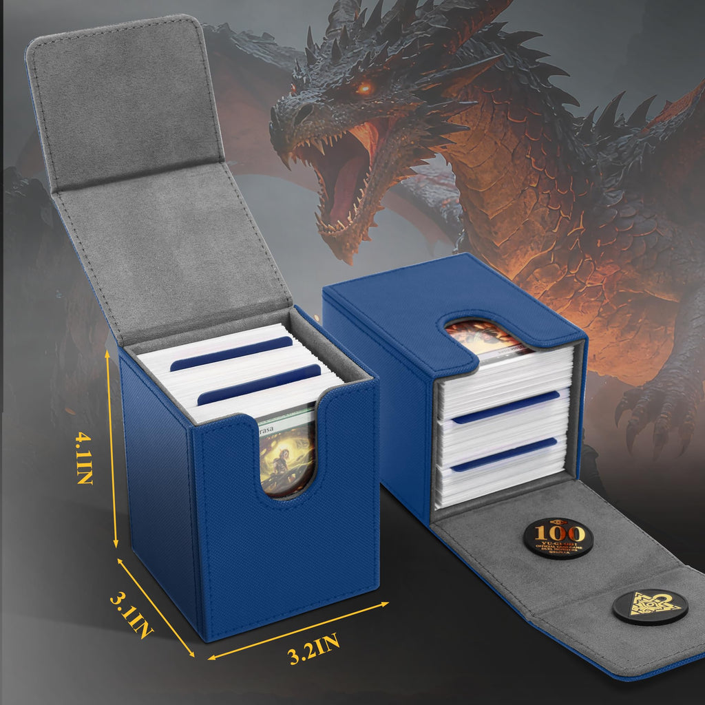 UAONO Card Deck Box for Yugioh MTG - PU Leather 100+ Card Storage Case with Strong Magnets (Navy, Sky Dragon)