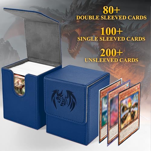 UAONO Card Deck Box for Yugioh MTG - PU Leather 100+ Card Storage Case with Strong Magnets (Navy, Sky Dragon)