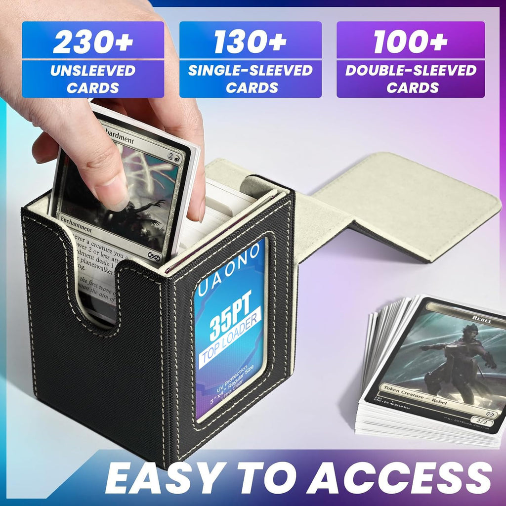 UAONO Commander Deck Box - Holds 100 Double-Sleeved Cards, Magnetic Closure, Includes Top Loader and Dividers (Black/Gold)
