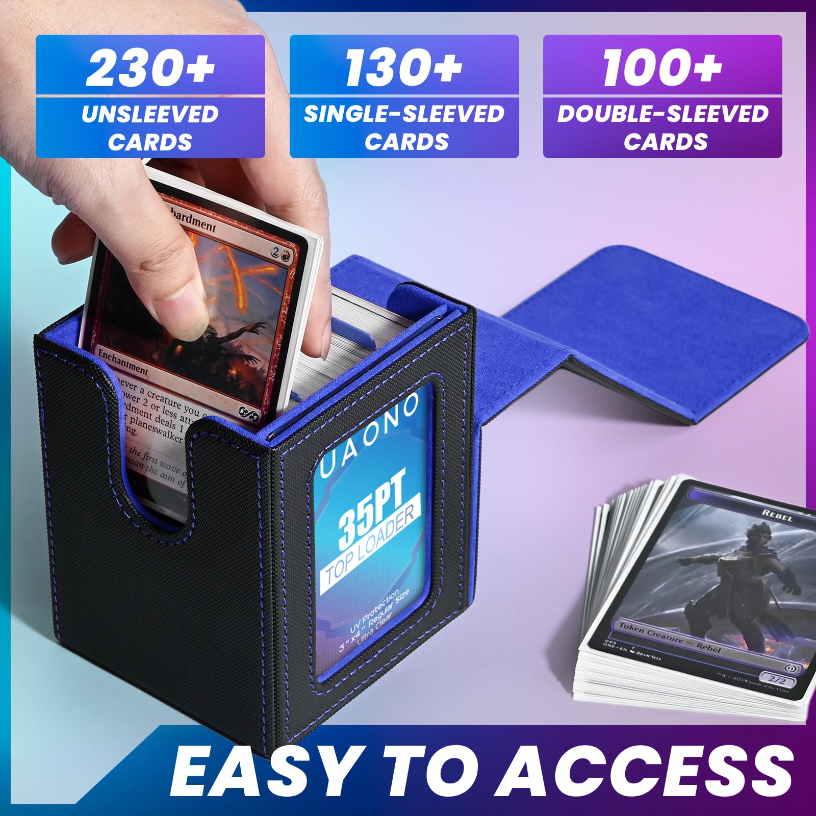 UAONO Commander Deck Box - Magnetic Card Case for MTG, Holds 100 Double-Sleeved Cards, Black/Blue