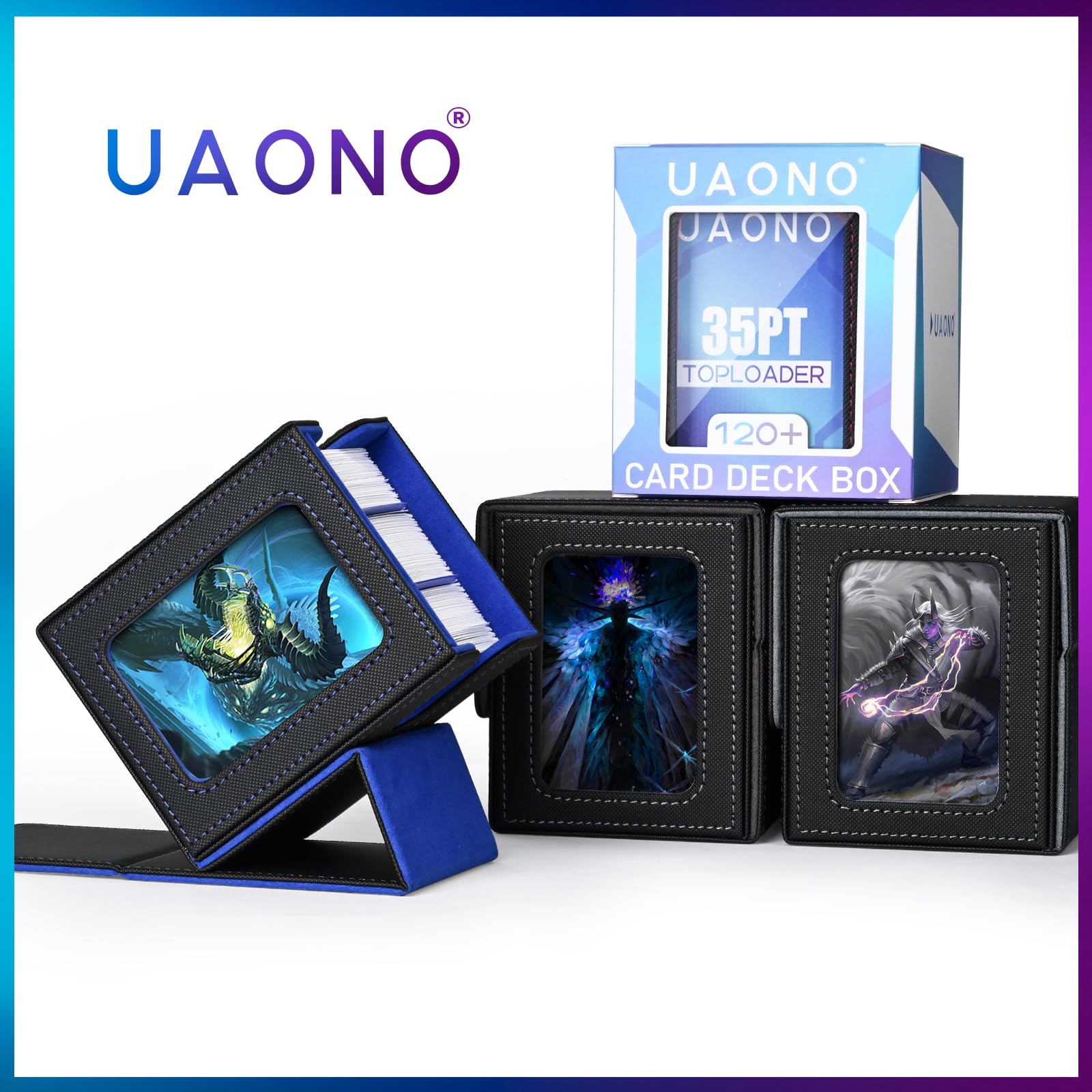 UAONO Commander Deck Box - Magnetic Card Case for MTG, Holds 100 Double-Sleeved Cards, Black/Blue