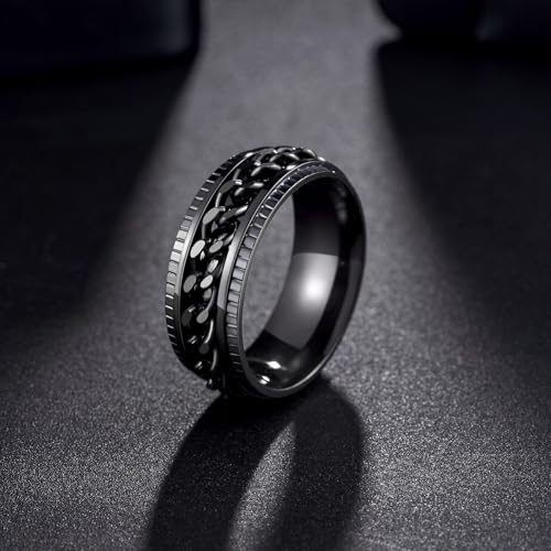 Udolfly Men's Fidget Spinner Ring – 8mm Titanium Stainless Steel with Rotating Chain, Stress Relief for Adults, Gift for Dad