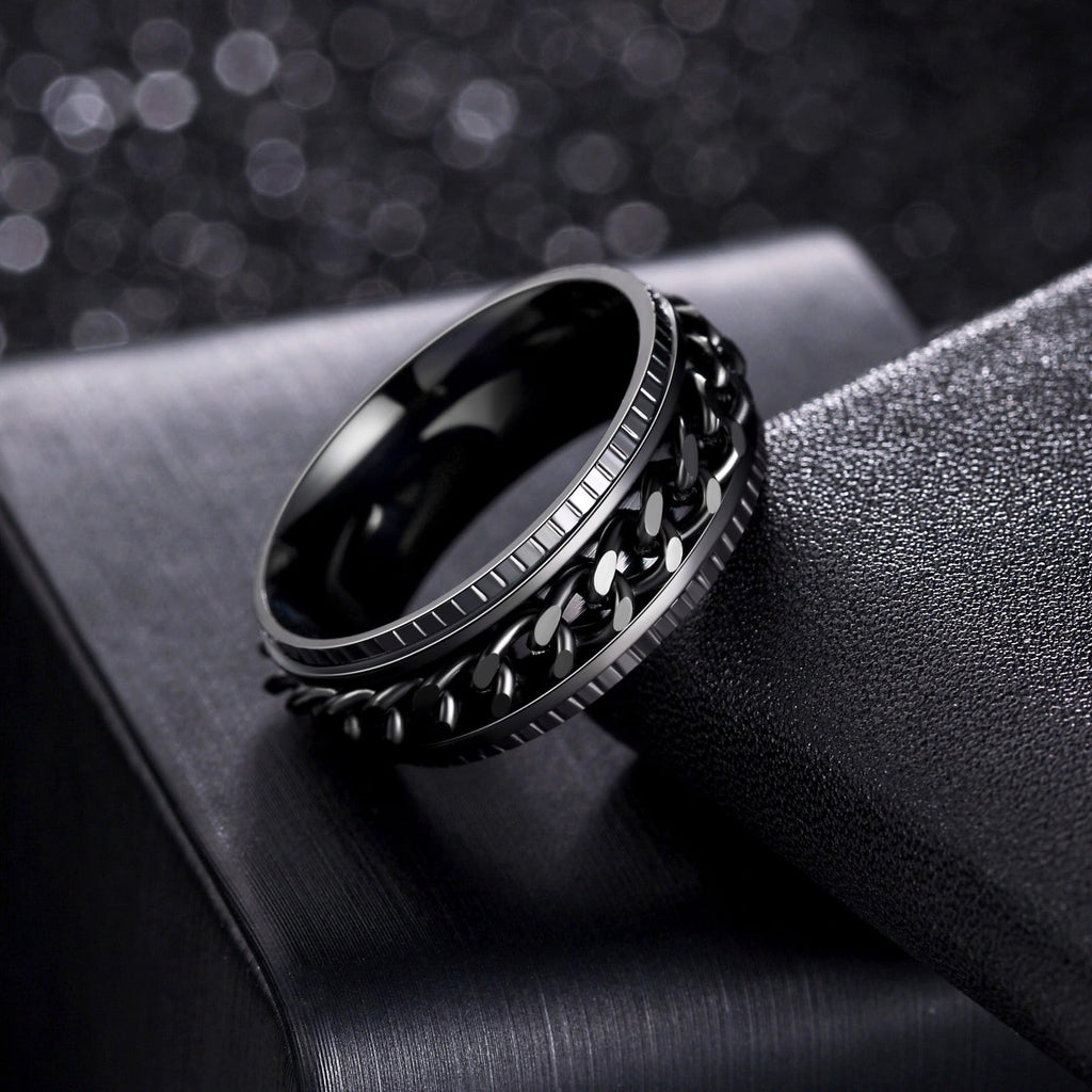 Udolfly Men's Fidget Spinner Ring – 8mm Titanium Stainless Steel with Rotating Chain, Stress Relief for Adults, Gift for Dad
