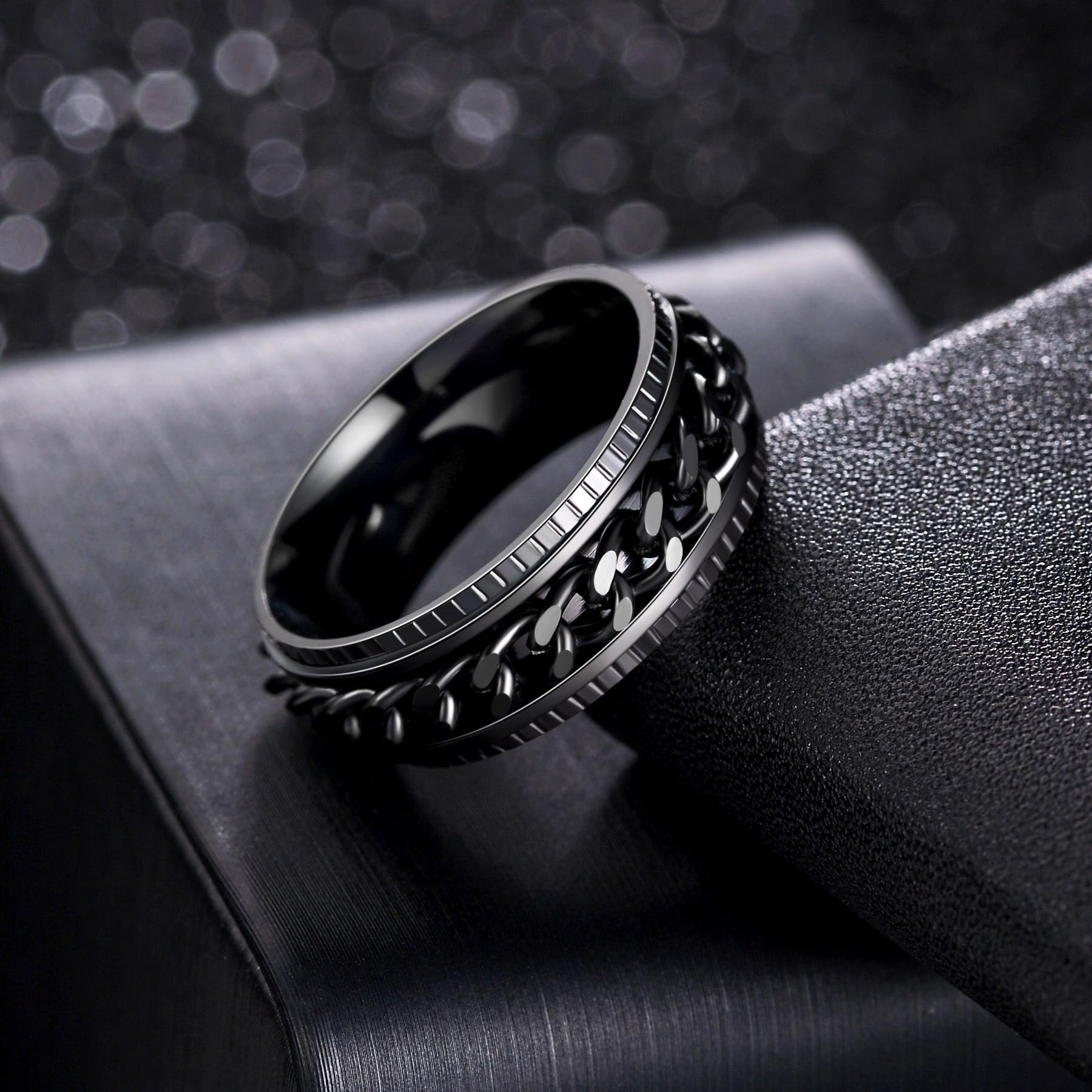 Udolfly Men's Fidget Spinner Ring – 8mm Titanium Stainless Steel with Rotating Chain, Stress Relief for Adults, Gift for Dad