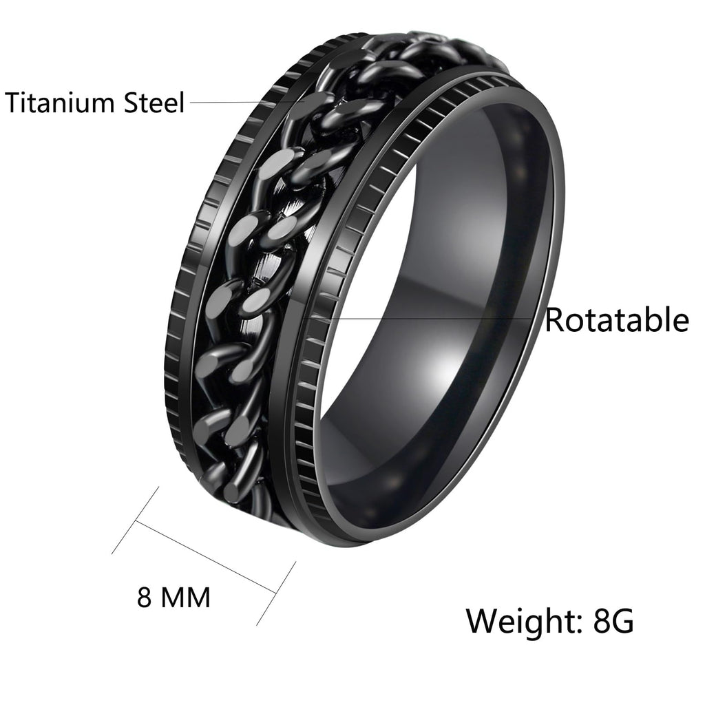Udolfly Men's Fidget Spinner Ring – 8mm Titanium Stainless Steel with Rotating Chain, Stress Relief for Adults, Gift for Dad