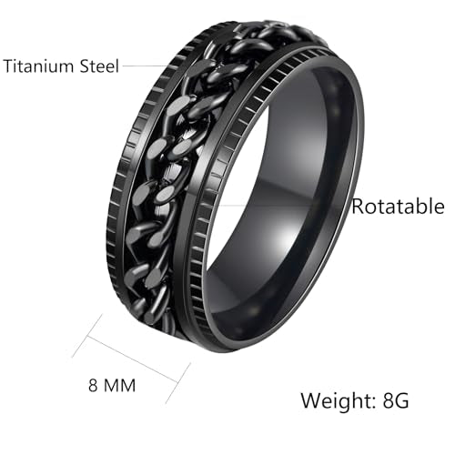 Udolfly Men's Fidget Spinner Ring – Titanium Stainless Steel Chain Ring for Anxiety Relief, 8mm Wide, Size 5-14