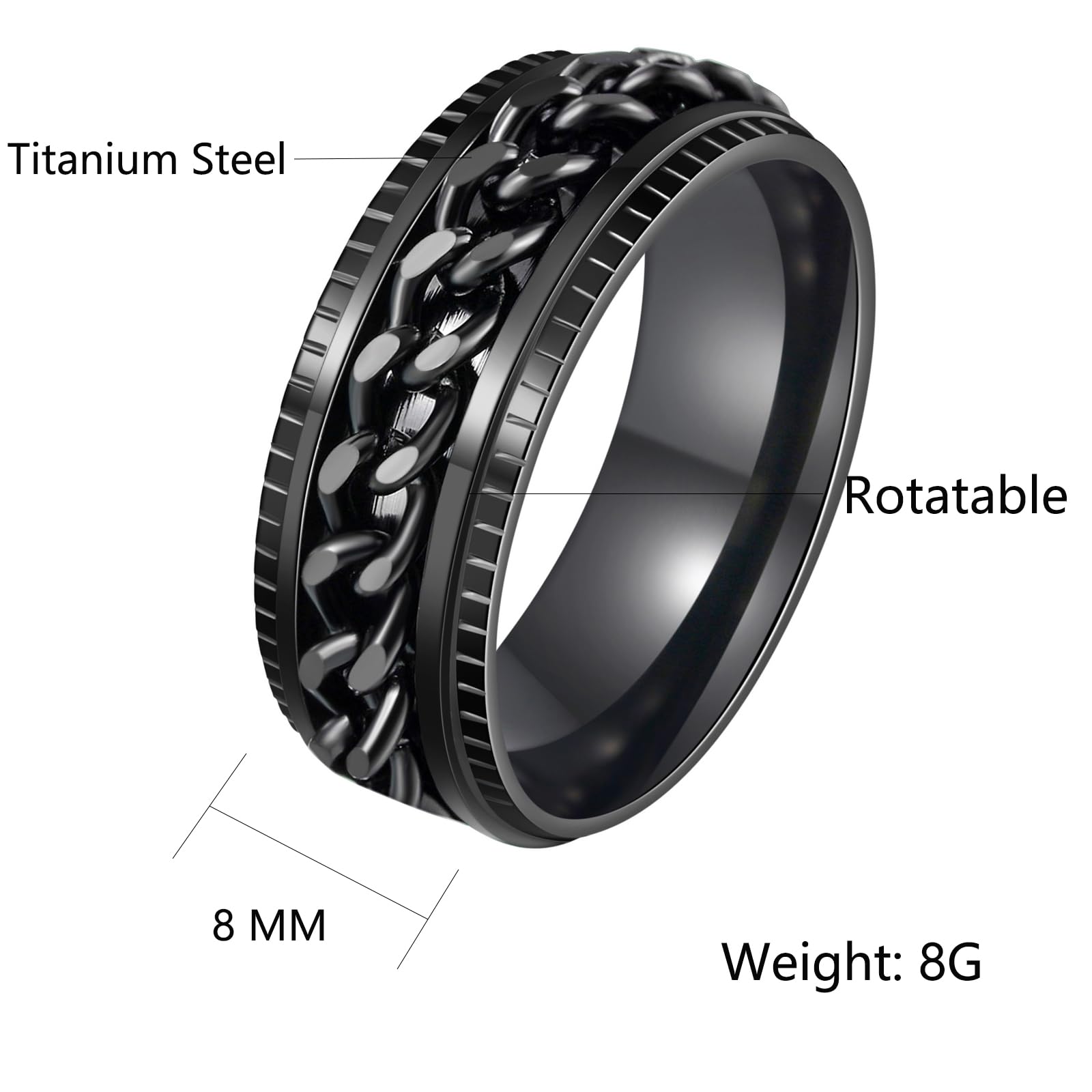 Udolfly Men's Fidget Spinner Ring – Titanium Stainless Steel Chain Ring for Anxiety Relief, 8mm Wide, Size 5-14