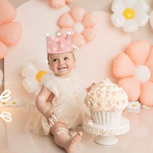 UDOTE Pink Muslin Crown Hat for Baby's First Birthday – Unisex Party Headwear for Boys or Girls