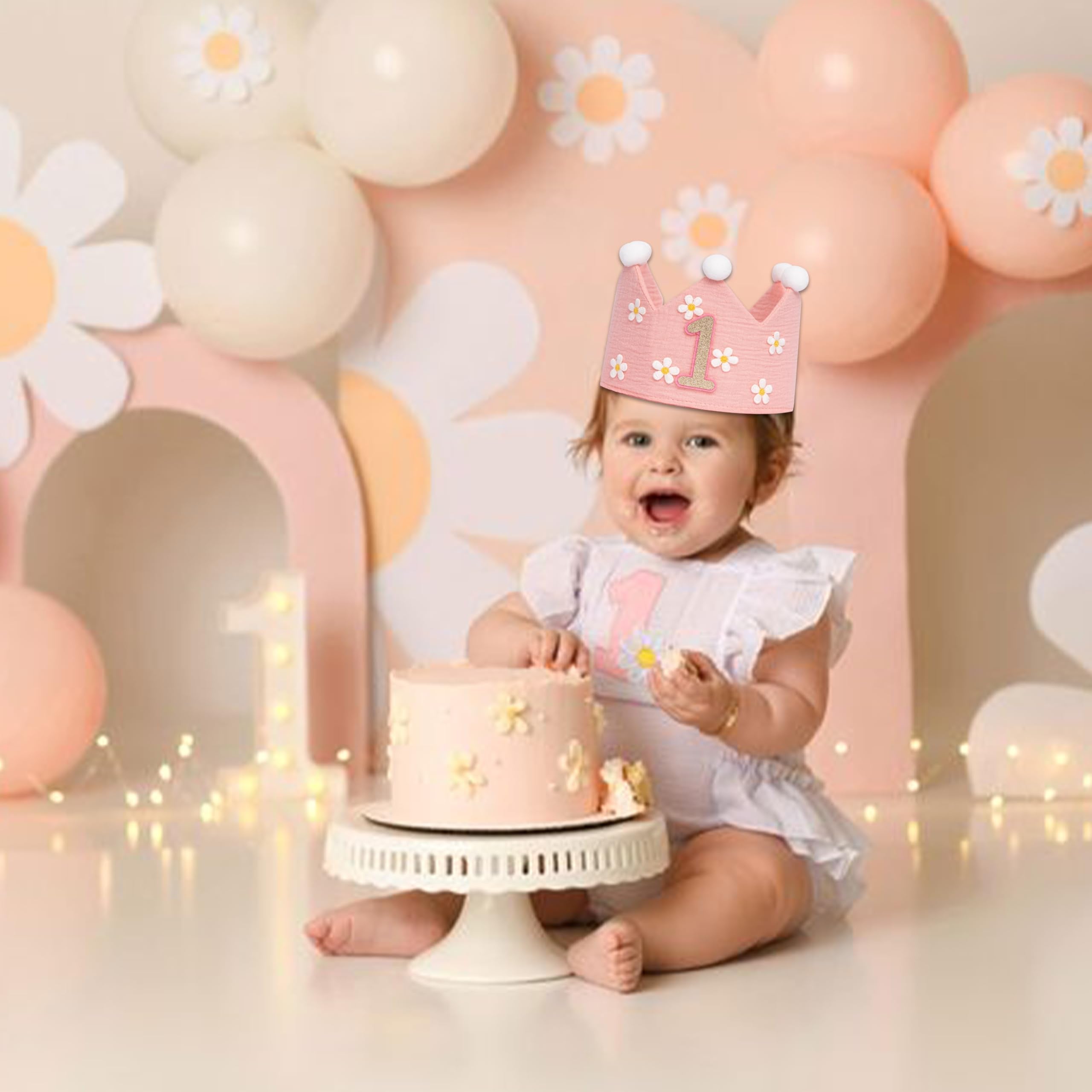 UDOTE Pink Muslin Crown Hat for Baby's First Birthday – Unisex Party Headwear for Boys or Girls